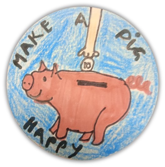 badge with a drawing of a piggy bank