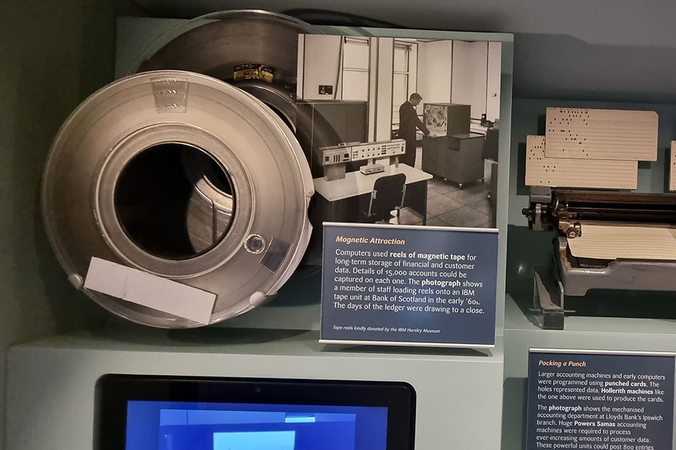 Early computing display with two reels of magnetic tape