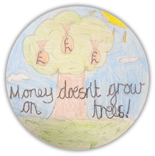 badge with a drawing of a money tree