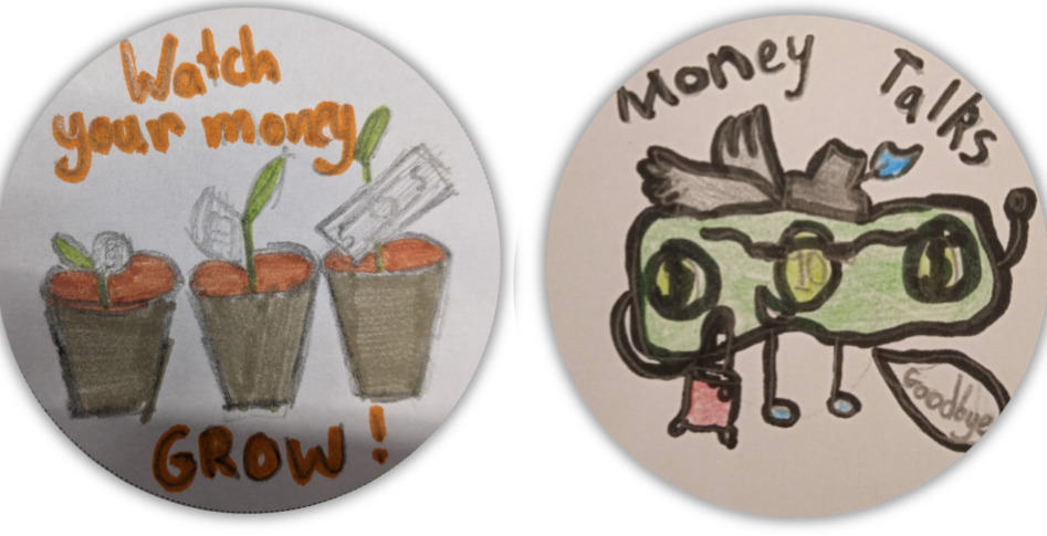 Two sample badges made by school pupils.